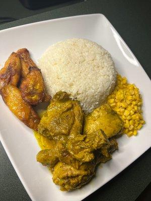 Curry n fry chicken  White rice  Corn