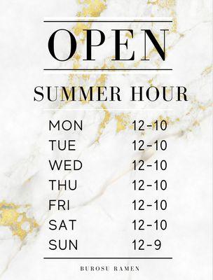 Summer Burosu Ramen business hours 
Start Monday June 13

More delicious hours for you