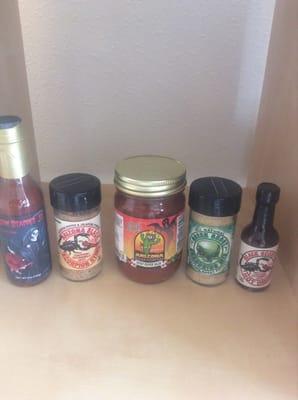 And for the ones that like it hot we have ghost pepper salsa ,grim reaper Jr. ,black scorpion hot drops .green ghost seasoning .