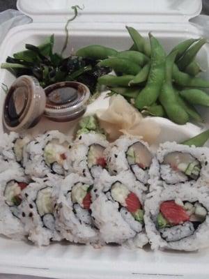 Special of the day: seaweed salad, edamame, 2 seafood rolls (wild salmon and scallop) and miso soup (not pictured) for under $11