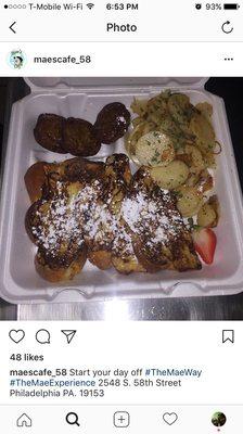 French toast, home fries and turkey sausage