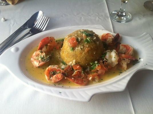 Mofongo with shrimps and garlic sauce and *SURPRISE* pork hiding in the center! super tasty