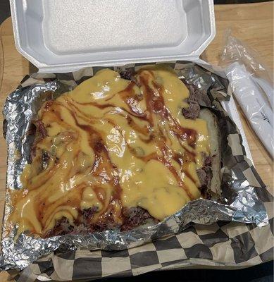 There's a potato under that delicious cheese and bbq. We didn't get the jalepeños, they'd be in the mix too.  YUM.