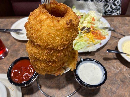 Stack of onion rings hot fresh quick