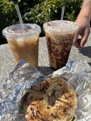 Turkey, egg, and cheese bagel and two lattes