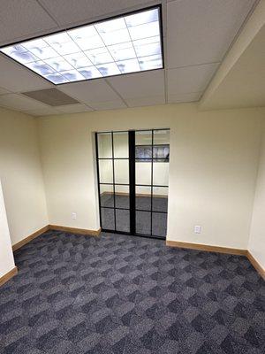 Double office makeover with a sliding glass barn door for access at a office in Minneapolis