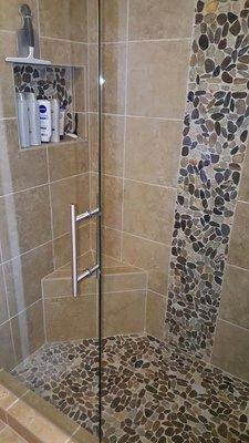 Heavy Glass Shower Door and Panel with Ladder Pull Handle. Brushed Nickel Finish.