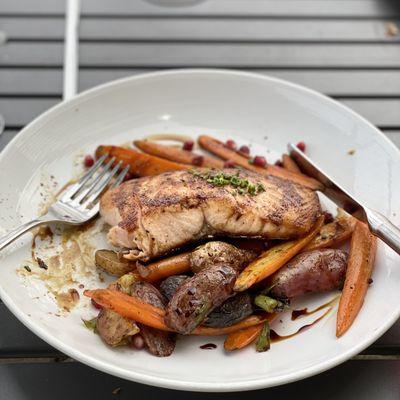 Pomegranate molasses salmon with subbed in heirloom carrots