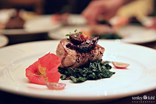 Veal Tenderloin with Figs and Grapes as prepared during a Larner Vineyard Winemaker dinner.