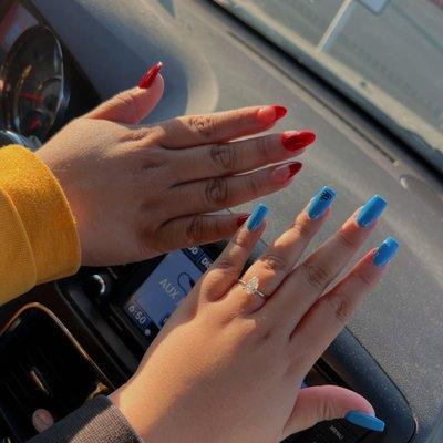 My sister and I with our fresh sets. Mine are the red almond and hers are the square blue.