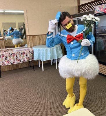 Mitch in an embarrassing Donald Duck Costume after losing a bet.  So ridiculous!