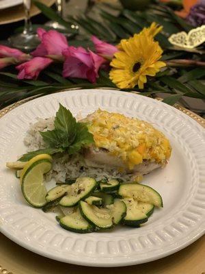 Mahi Mahi with Shrimp, Mango, and Coconut Crust  Scallion Jasemine Rice  Grilled Zucchini with mint