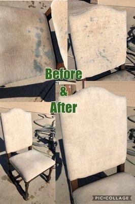 Before and after upholstery cleaning on a set of chairs.