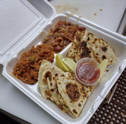 Chicken quesadillas, Spanish rice, baked beans