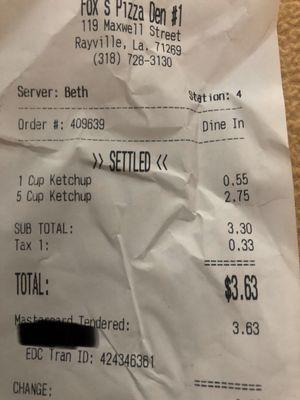 Receipt for packets of ketchup