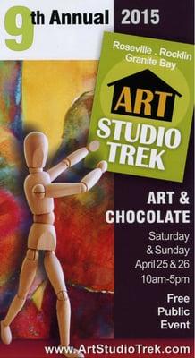 ART STUDIO TREK  ~ 2015 ~ (Art and Chocolate) 
 Saturday, April 25th & Sunday, April 26th 2015 from 10am to 5pm.
   www.ArtStudioTrek.com