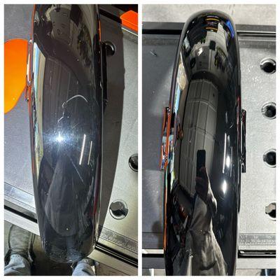 Top View Before and after of the front fender from a 2005 Harley Davidson Sportster with original paint.