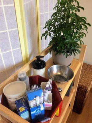 Acupuncture supplies next to a plant