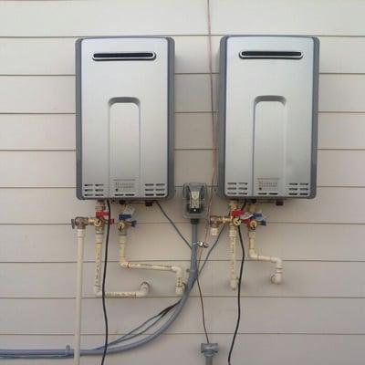 Local Installation of Twin Rinnai Tankless Water Heaters by Reeves Plumbing.