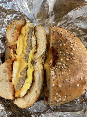 Sausage, egg, & cheese on a everything bagel. Salt, pepper, & ketchup