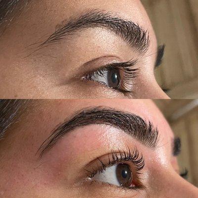 Before and after of a Lash Lift, Brow Tint & Wax.