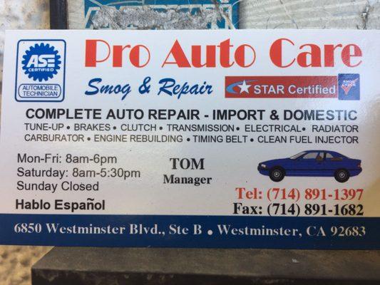 I love Uncle Tom's business card. It details his car knowledge in here. This is  a portion of what he actually does at this shop. Much more!