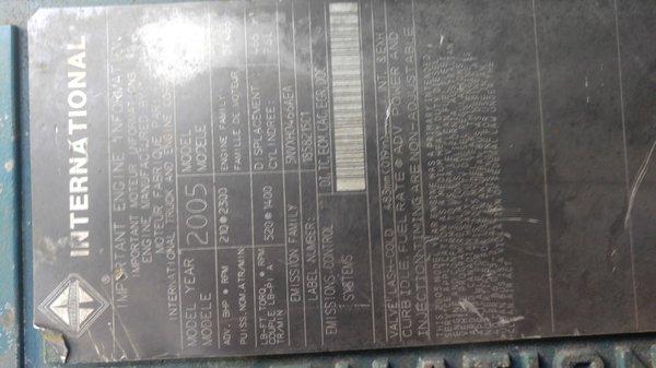 International engine spec plate