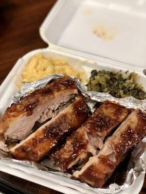 BBQ Rib lunch plate with macaroni and collard greens