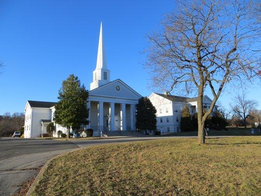 New Dorp Moravian Church in winter, viewed from church grounds.