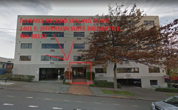 Juvenile Record Sealing Clinic. Door entrance. There are no signs on the outside of the building. I'm unsure about parking.