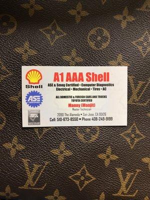 January 2018 business card for A1 AAA Shell