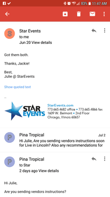 June 20th, 2018 confirming she had received all documents needed and no word yet of Piña Tropical being denied to their event.