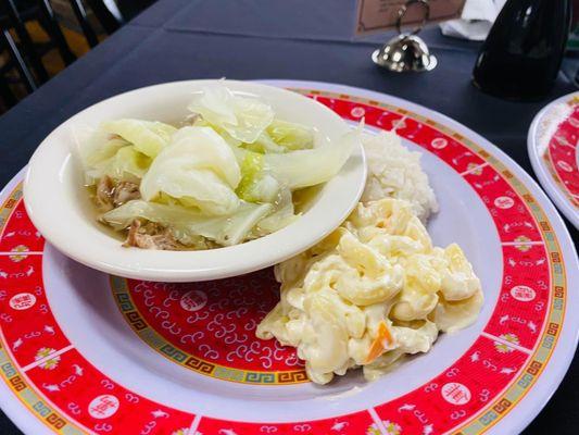 Kalua pig with cabbage and mac salad