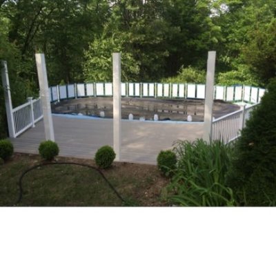 New two level pool deck. Picture before 6' rear PVC fencing was added.