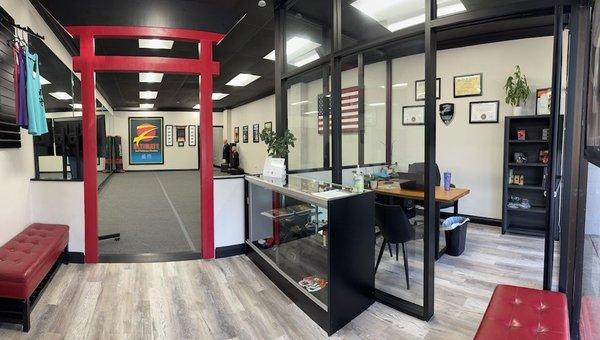 Main entrance lobby and office at our new location in the Town Center, across from Ball Park Pizza and next to Bistro K.