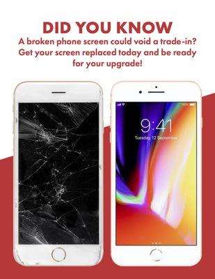 A broken screen could void a trade-in. Get your screen replaced today and be ready for your upgrade.