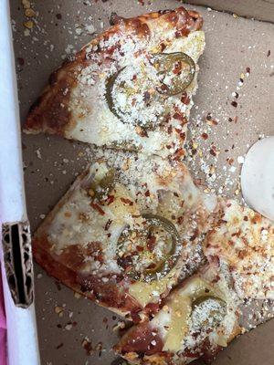 Hawaiian pizza with added jalapeños --soooo goood!!!!