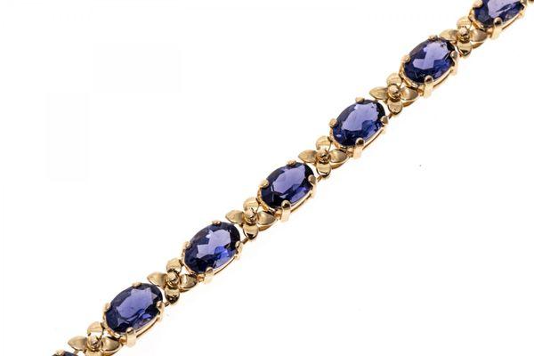 14k Yellow Gold Stunning Iolite And Flower Link Line Bracelet, App. 4.93 TCW