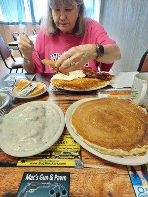 Biscuits and sausage gravy, and a huge pancake