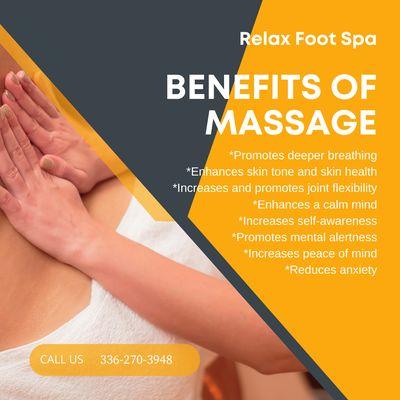 Relax Foot Spa
 1609 S Church St, Burlington, NC 27215
 Call us at 336-270-3948