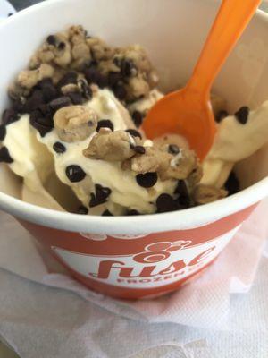 Caramel, cake batter flavored frozen yogurt with cookie dough and chocolate chips!!