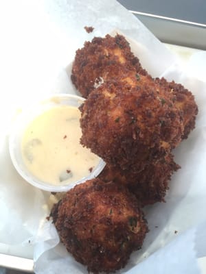 Jalapeno Mac& cheese balls with Jalapeno cheese sauce