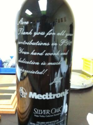 Laser engraved wine bottle.