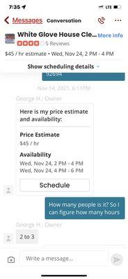 Text from last week confirming price