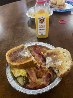 Egg, bacon, potatoes, rye bread