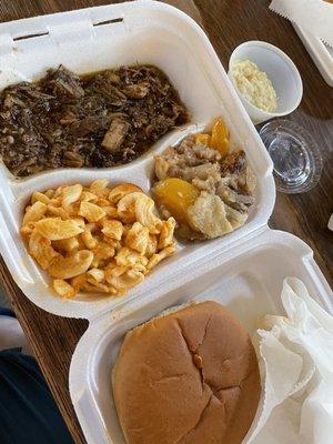 Jerk BBQ, mac n cheese, peach cobbler.