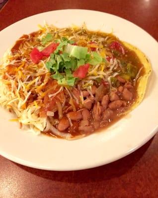 Huevos Rancheros with red and green chile