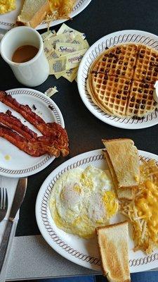 All star breakfast-Eggs, bacon, toast, hashbrowns and a waffle