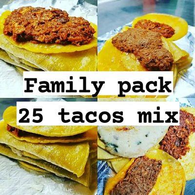 25 taco mix order
Includes 5 mix order
Each order contains
1 Chicharron
1 Deshebrada
1 Papa Chorizo
1 Papa
1 Frijol refrito ( Taco)