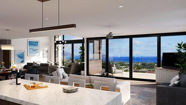 Open core living spaces with ocean views.